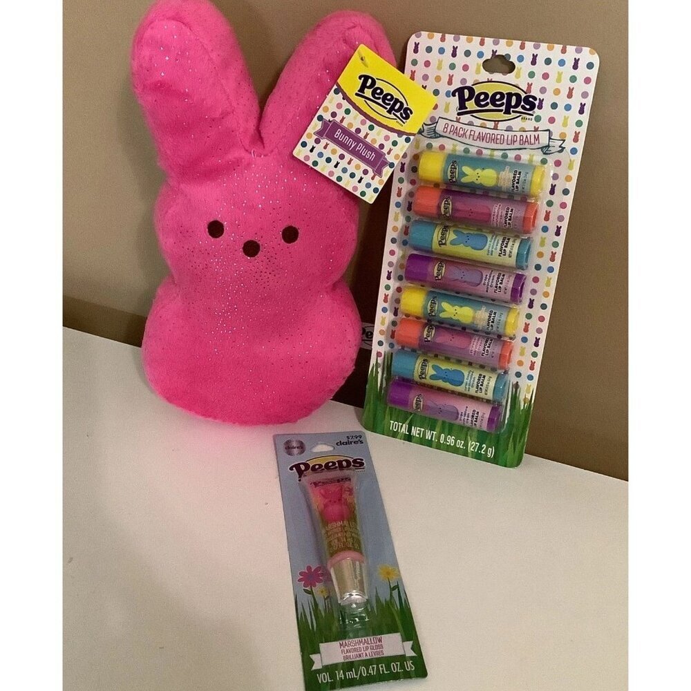 Peeps 9’Inch Stuffed Animal, Marshmallow Flavored Lip Gloss, & 8 Lip Balms. New